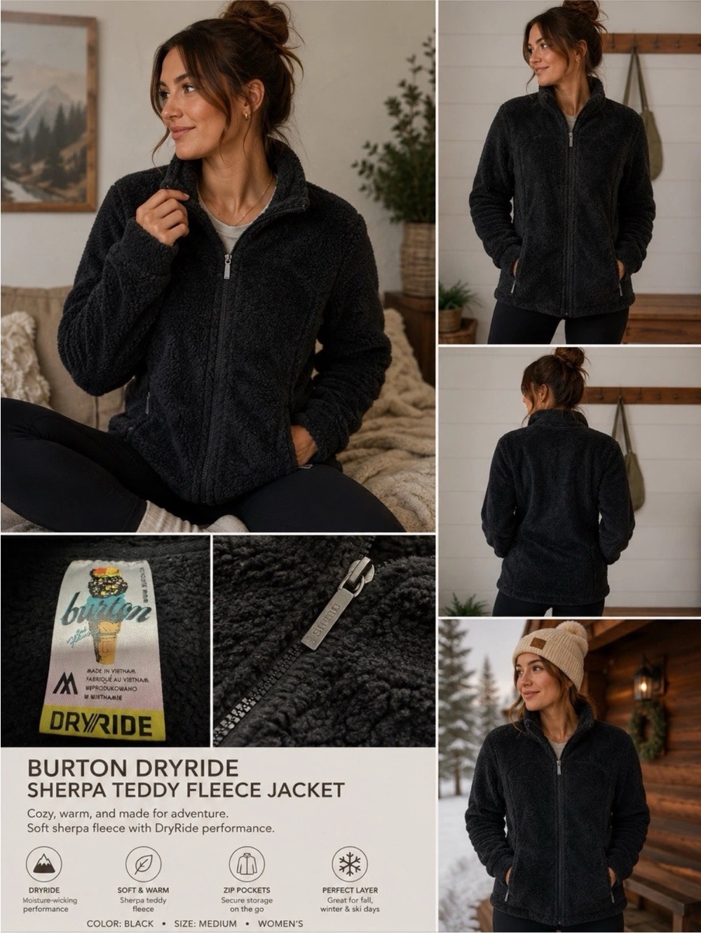 Burton Dryride Women’s Black Sherpa Teddy Fleece Zip Jacket M gorpcore Hiking E